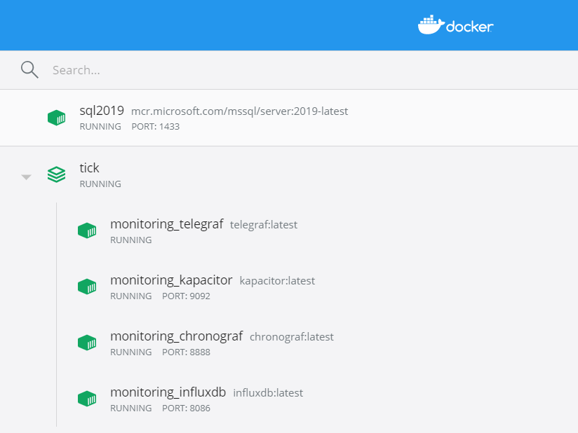 Docker Desktop: tick compose group running telegraf, kapacitor on 9092, chronograf on 8888 and influxdb on 8086