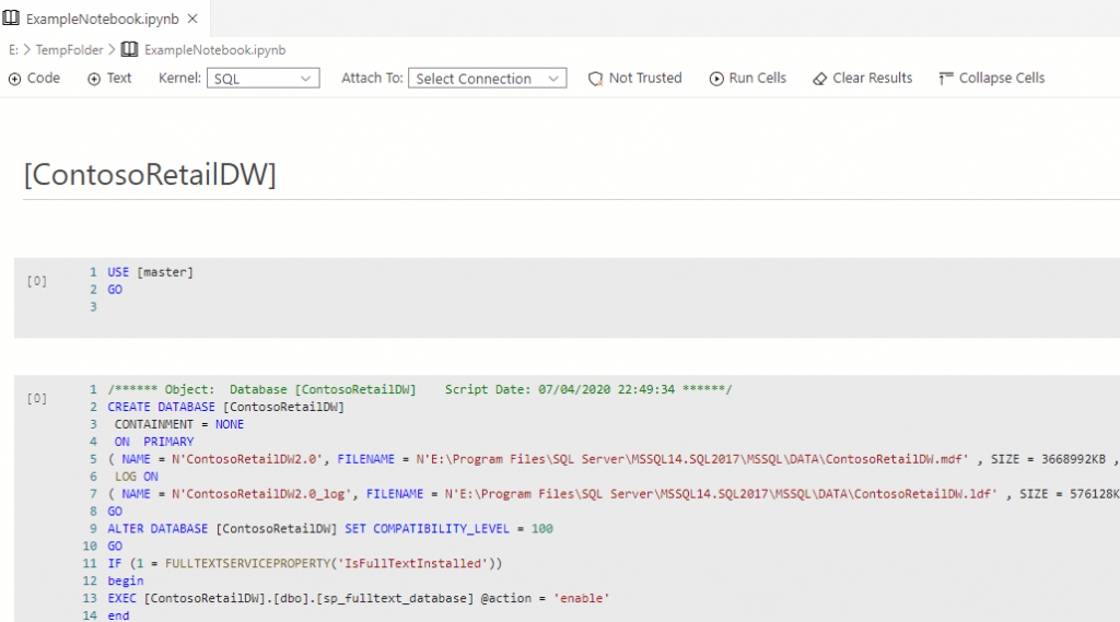 Generated notebook open in Azure Data Studio: ContosoRetailDW CREATE DATABASE script split into SQL code cells