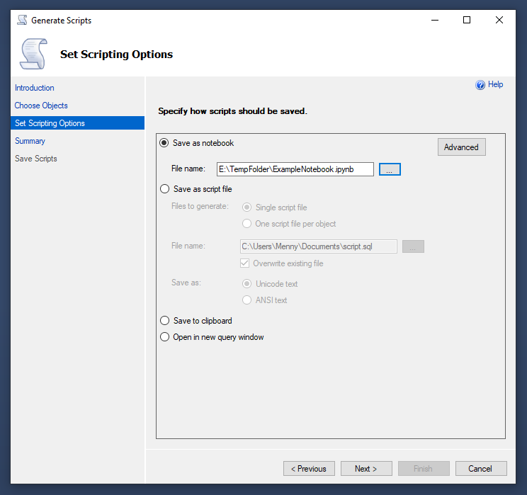 SSMS 18.5 Generate Scripts wizard, Set Scripting Options step, with the new Save as notebook option writing an .ipynb file