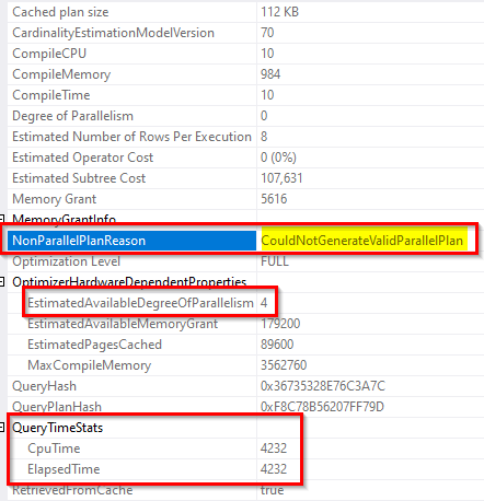 SELECT properties: NonParallelPlanReason CouldNotGenerateValidParallelPlan, estimated DOP 4, CpuTime = ElapsedTime = 4232