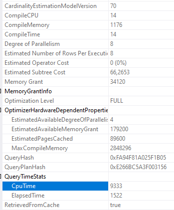 SELECT properties without the function: Degree of Parallelism 8, CpuTime 9333 ms against ElapsedTime 1522 ms