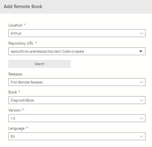 Azure Data Studio Add Remote Book dialog: GitHub, repos/EmanueleMeazzo/tsql.tech-Code-snippets, DiagnosticBook 1.0, EN