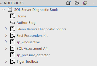 Notebooks pane with the remote SQL Server Diagnostic Book: Glenn Berry’s scripts, First Responders Kit, sp_whoisactive