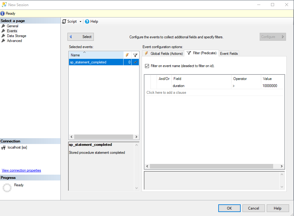 SSMS 18.7 New Session dialog: sp_statement_completed event with the filter duration > 10000000