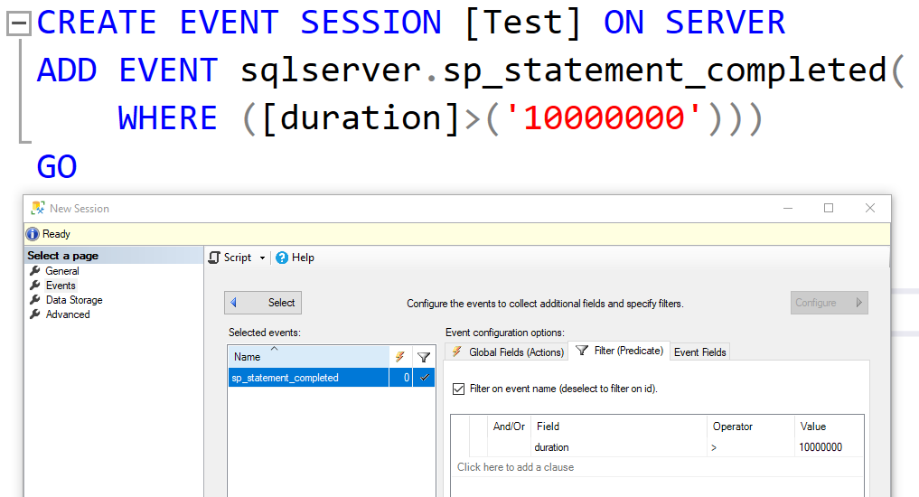 Scripted CREATE EVENT SESSION from the dialog: SSMS wraps the duration filter in quotes, ‘10000000’, instead of an integer