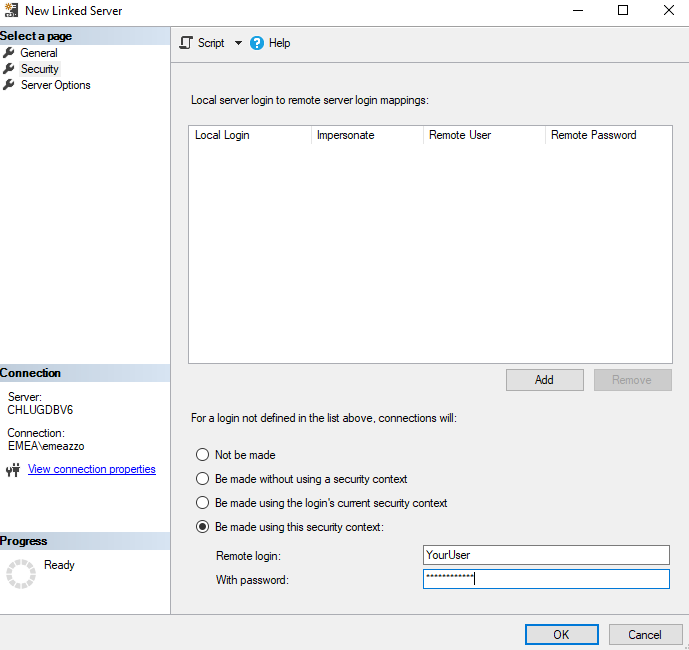 SSMS New Linked Server Security page set to Be made using this security context, with the Oracle remote login and password