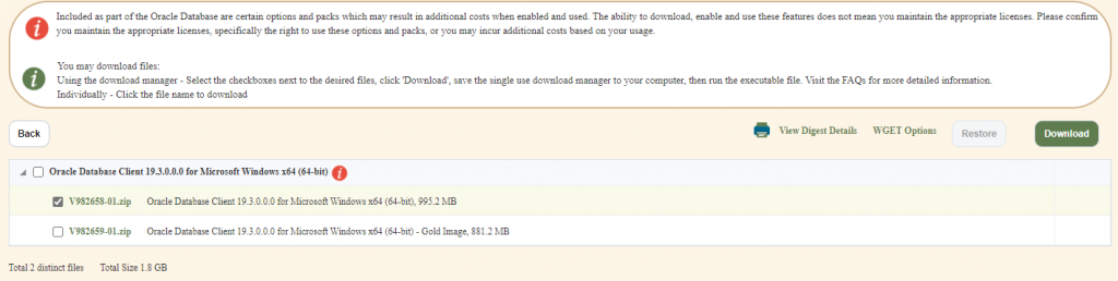 Oracle eDelivery file list with only V982658-01.zip ticked: the 19.3 client installer for Windows x64, not the Gold Image
