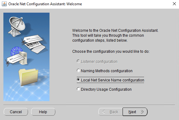 Oracle Net Configuration Assistant with Local Net Service Name configuration selected, which writes tnsnames.ora for you