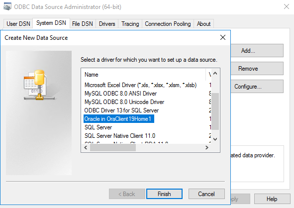 ODBC Data Source Administrator, Create New Data Source, with the Oracle in OraClient19Home1 driver selected