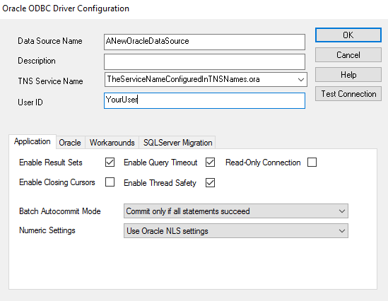 Oracle ODBC Driver Configuration with data source name, TNS Service Name and User ID, next to the Test Connection button