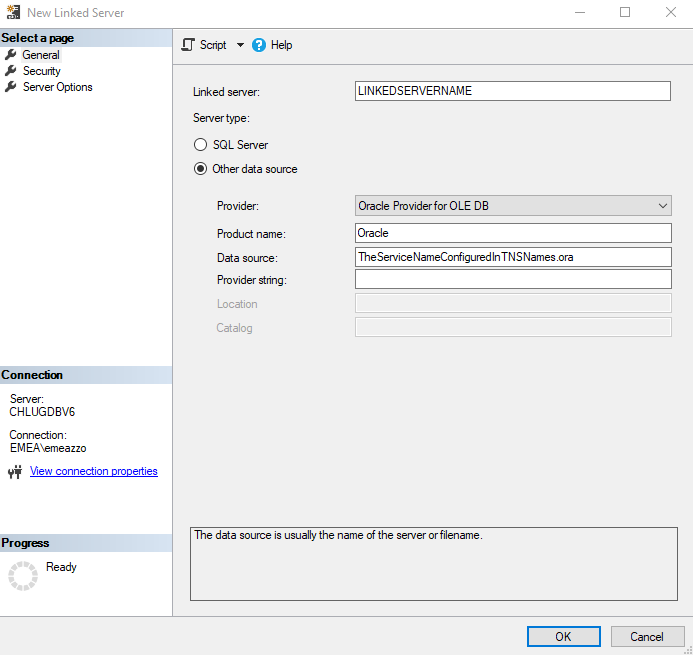 New Linked Server General page in SSMS: Oracle Provider for OLE DB, with the TNSNames service name as data source