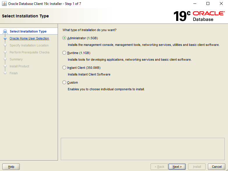 Oracle Database Client 19c installer, Select Installation Type step, with Administrator (1.5GB) selected