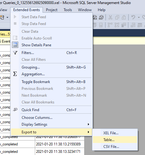 SSMS Extended Events menu on an open .xel file, with the Export to submenu offering XEL File, Table and CSV File