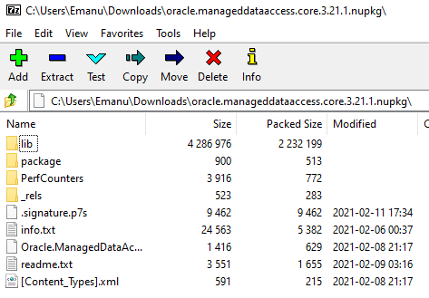 The oracle.manageddataaccess.core.3.21.1.nupkg package opened in 7-Zip like any zip, with the lib folder that holds the DLL