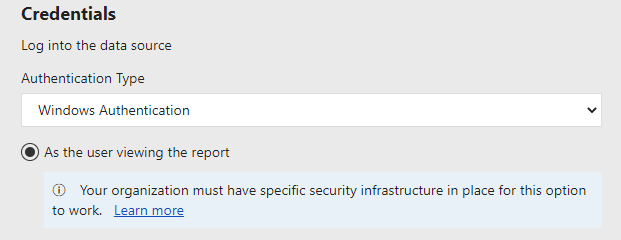 Power BI Report Server data source credentials: Windows Authentication, As the user viewing the report