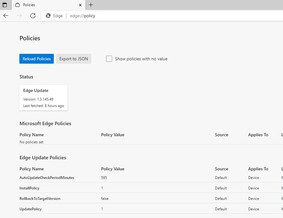 Edge edge://policy page with no Microsoft Edge policies set; Show policies with no value lists every policy to browse