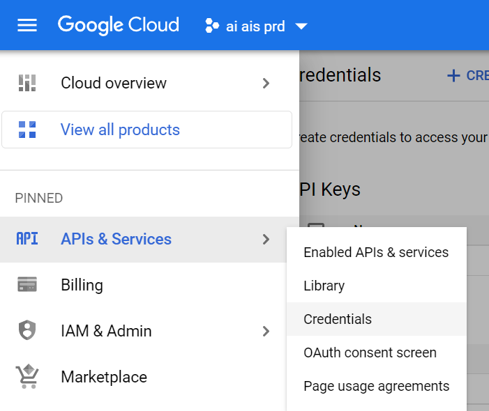 Google Cloud console menu: APIs & Services, then Credentials, where the OAuth client is created