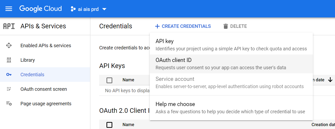 Google Cloud Credentials page, Create Credentials menu with OAuth client ID highlighted
