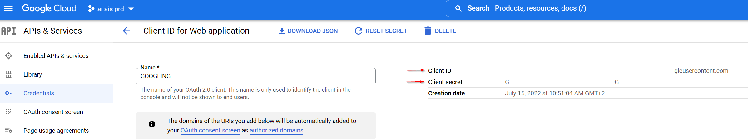 Google Cloud OAuth client page with arrows on the Client ID and Client secret, both needed for the token and linked service