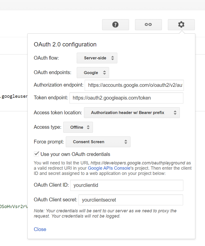 OAuth 2.0 Playground settings with Use your own OAuth credentials ticked and the OAuth client ID and secret filled in