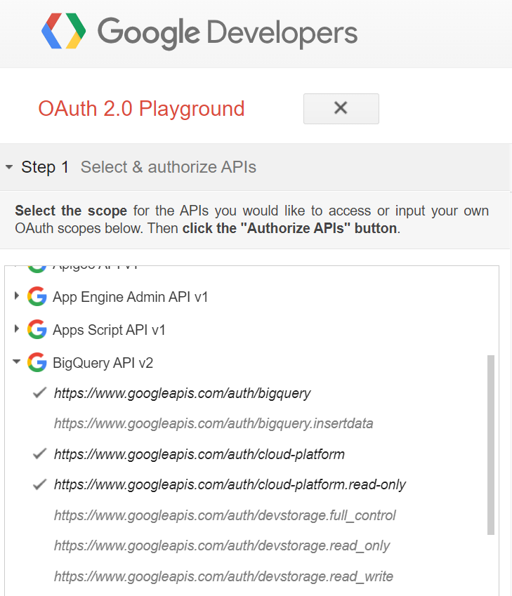OAuth 2.0 Playground Step 1 with BigQuery API v2 scopes bigquery, cloud-platform and cloud-platform.read-only ticked