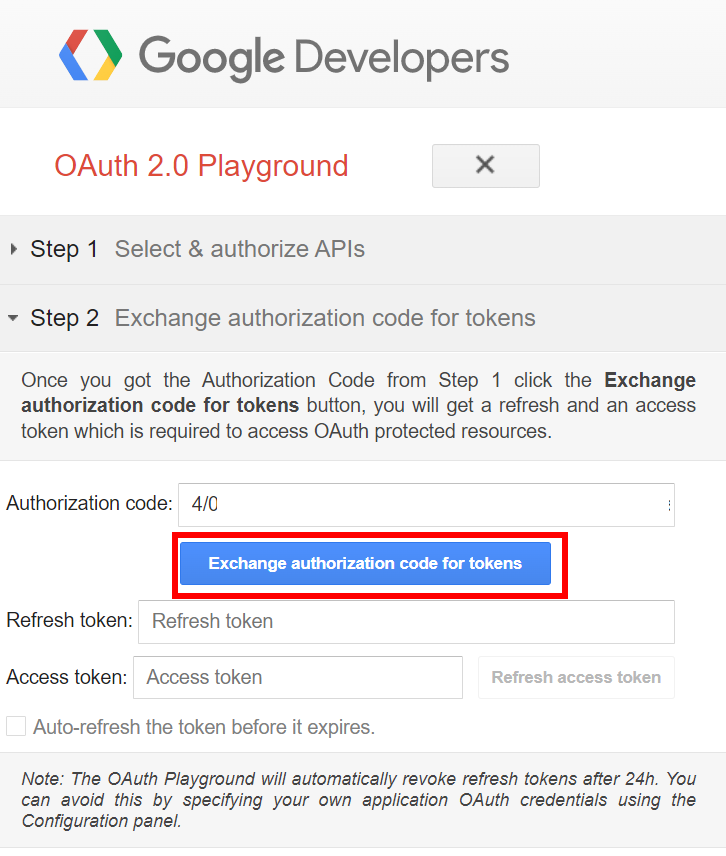 OAuth 2.0 Playground Step 2 with the Exchange authorization code for tokens button highlighted