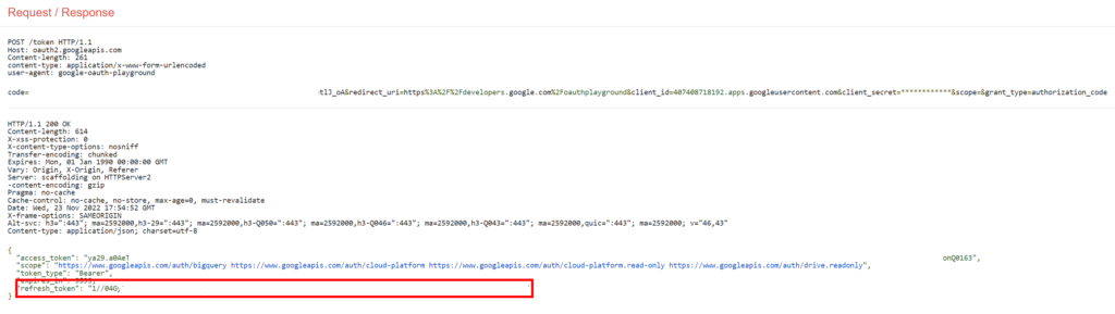 OAuth Playground token response with the refresh_token field highlighted, the value the linked service needs