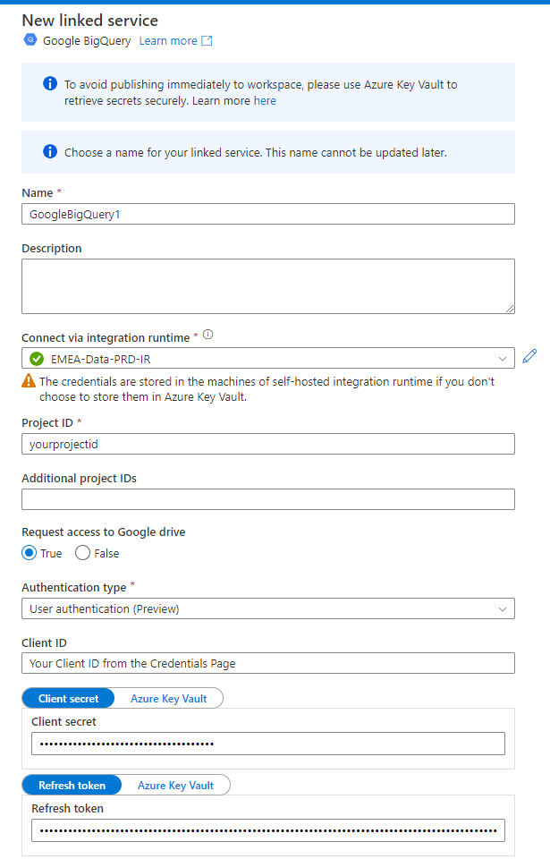 New Google BigQuery linked service using User authentication, with project ID, client ID, client secret and refresh token