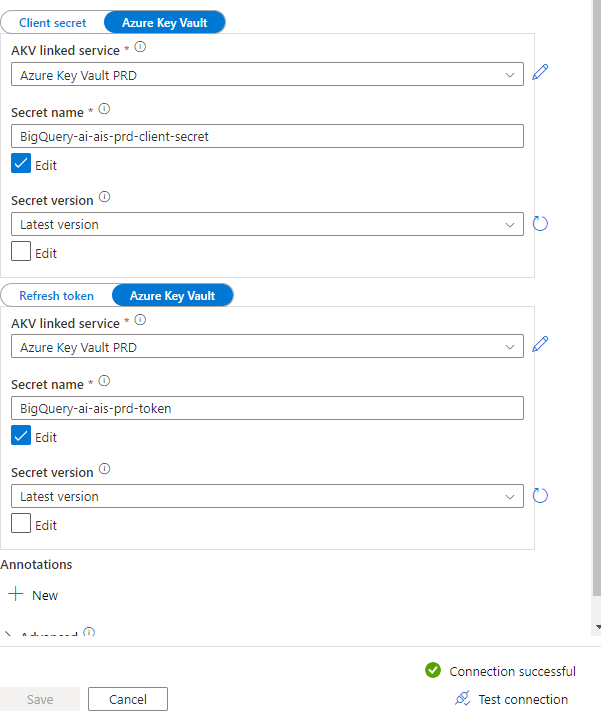 Linked service reading client secret and refresh token from Azure Key Vault, with Connection successful after testing