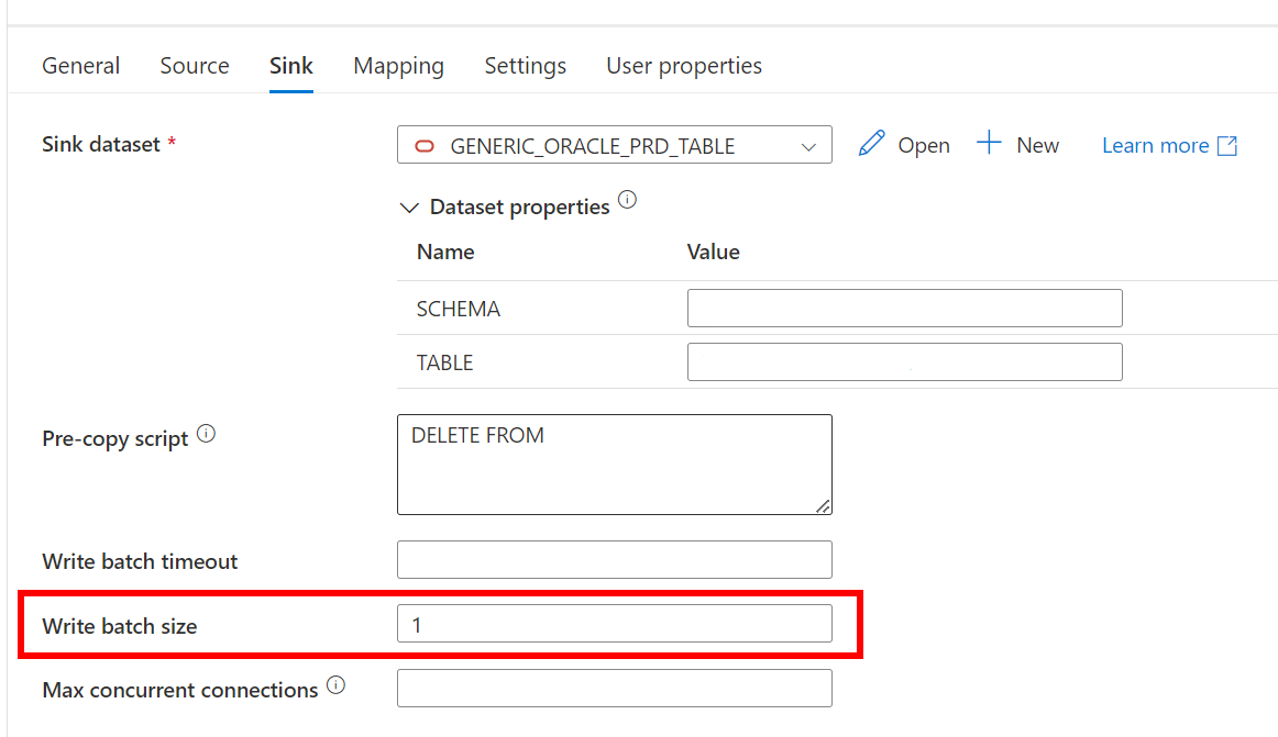 Copy data activity Sink tab for an Oracle table, Write batch size set to 1 to avoid ORA-26086 on tables with triggers